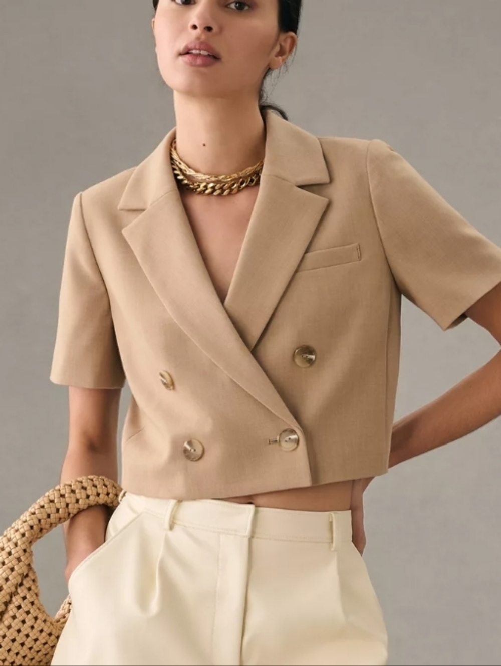MaEVe By Anthropologie Beige Cropped Short-Sleeve Blazer Jacket Size US 16W